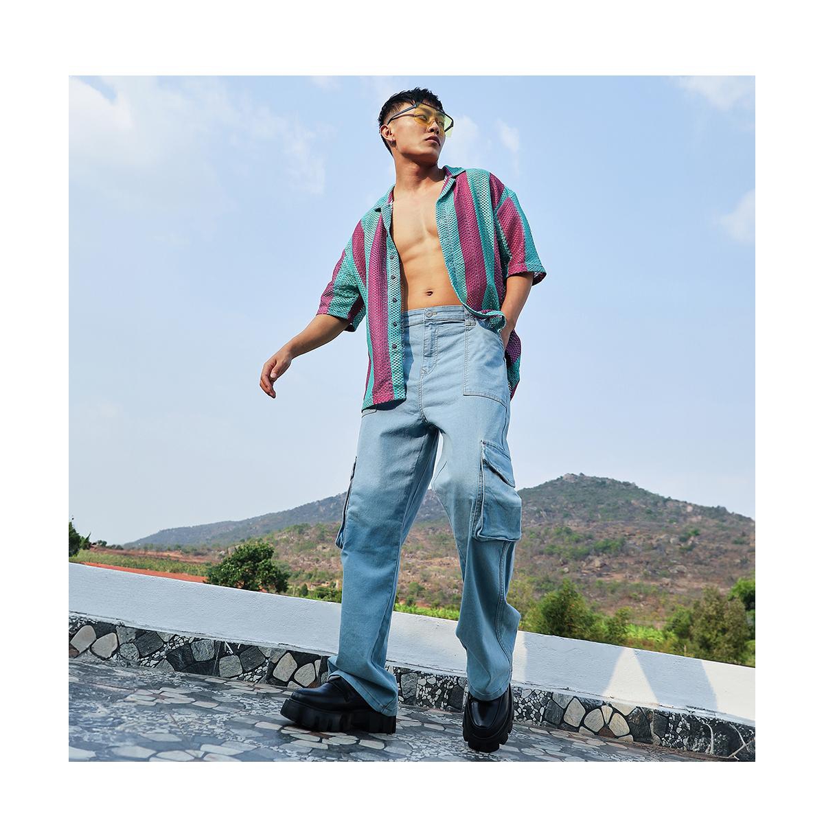 Campus Sutra Men's Mint& Plum Purple Balanced Striped Oversized Shirt - Green