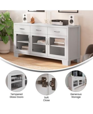 Samson Three-Drawer Engineered Wood Buffet Sideboard Cabinet With Three Tempered Glass Cabinet Doors For Dining Room/Kitchen