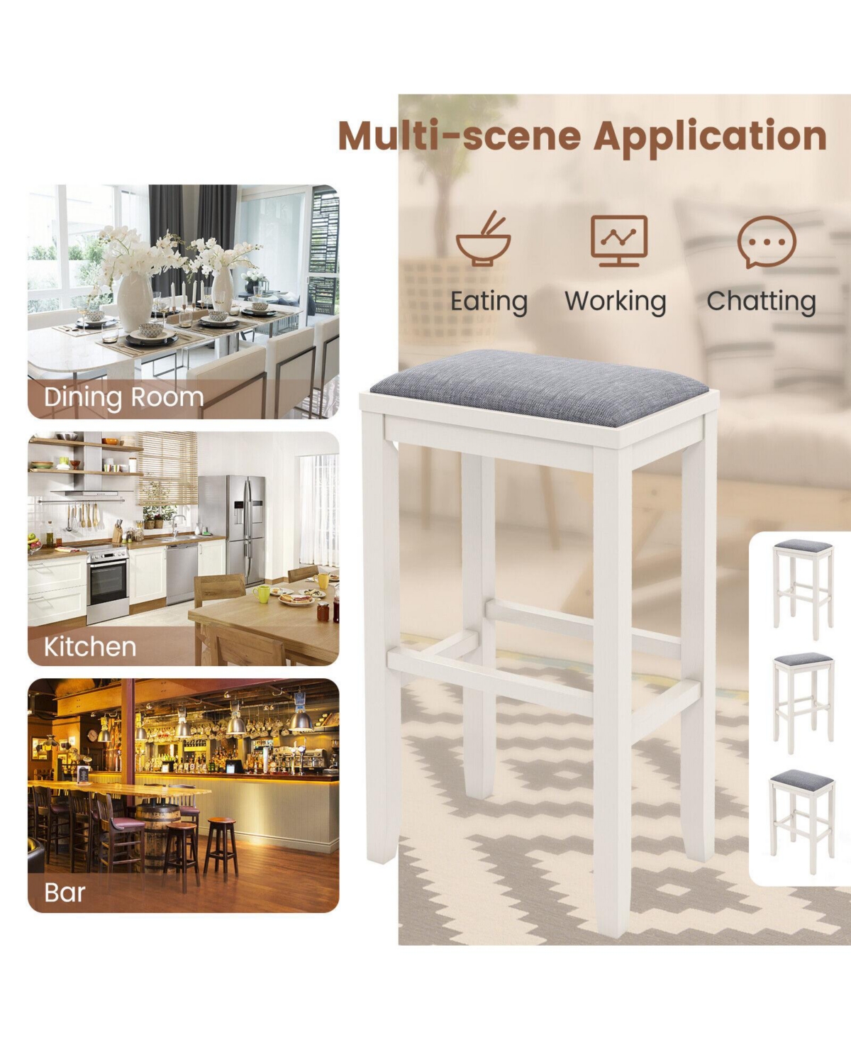 Skonyon 2 Pieces Upholstered Bar Stool Set with Solid Rubber Wood Frame and Footres