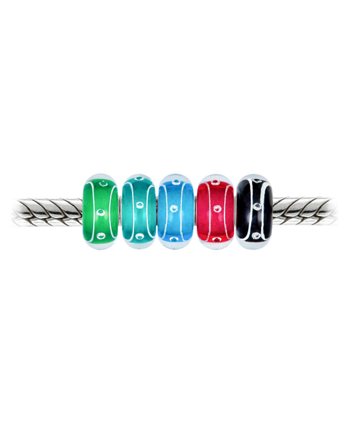 Bling Jewelry Bundle Set of 5 Sterling Silver Murano Glass 3D Lamp work Multi Color Jewel Tone Foil Metallic Stripe Dots And Swirl Bubble Charm Bead F