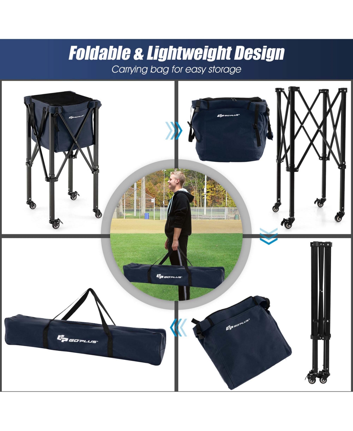 Costway Foldable Tennis Ball Hopper Basket Portable Travel Teaching Cart with Wheels & Bag