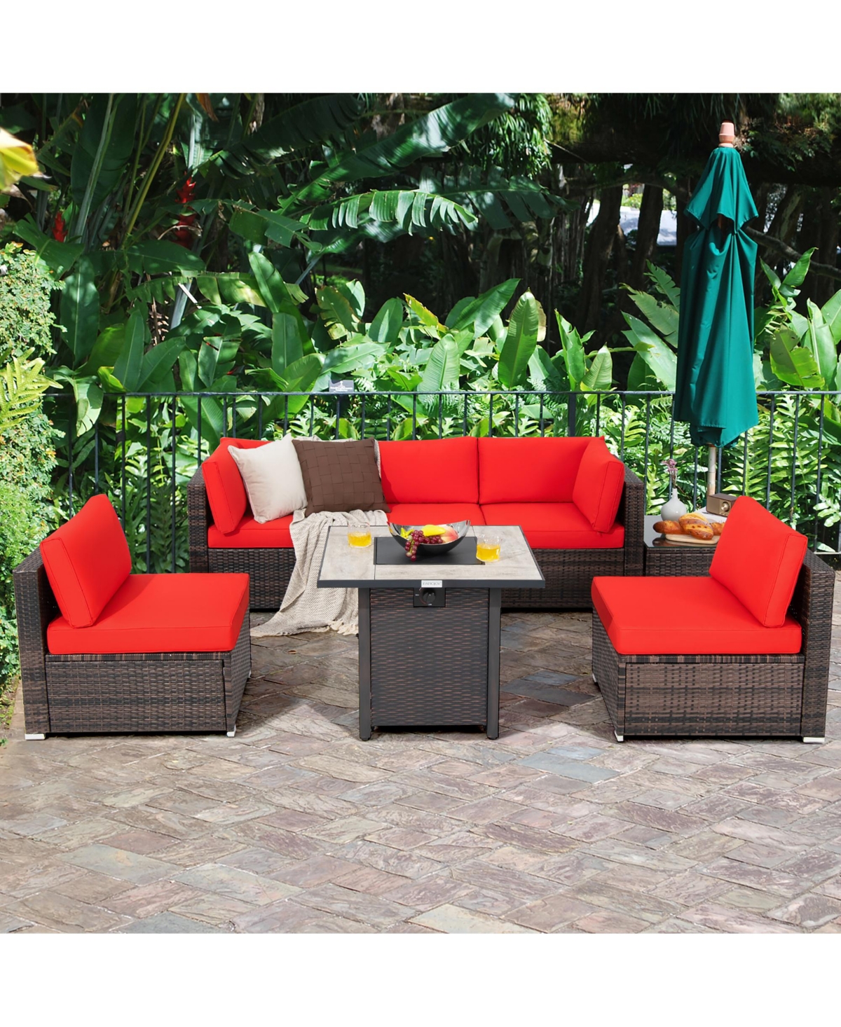Costway 7PCS Patio Rattan Furniture Set 30'' Fire Pit Table Cover Cushion Sofa