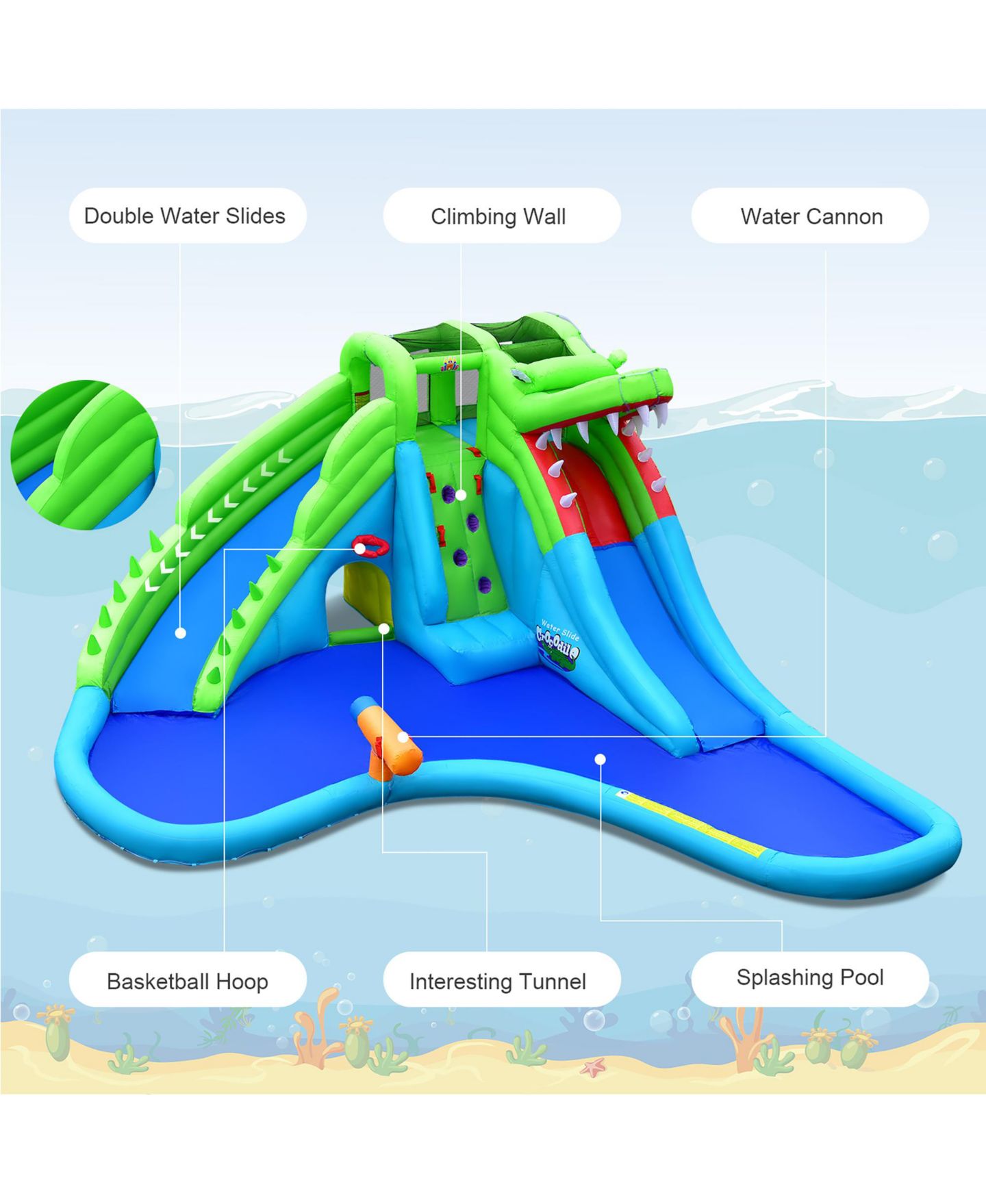 Детская игрушка Costway Crocodile Inflatable Water Slide Bounce Castle, 3–10 лет, цвет: Синий — фото 9