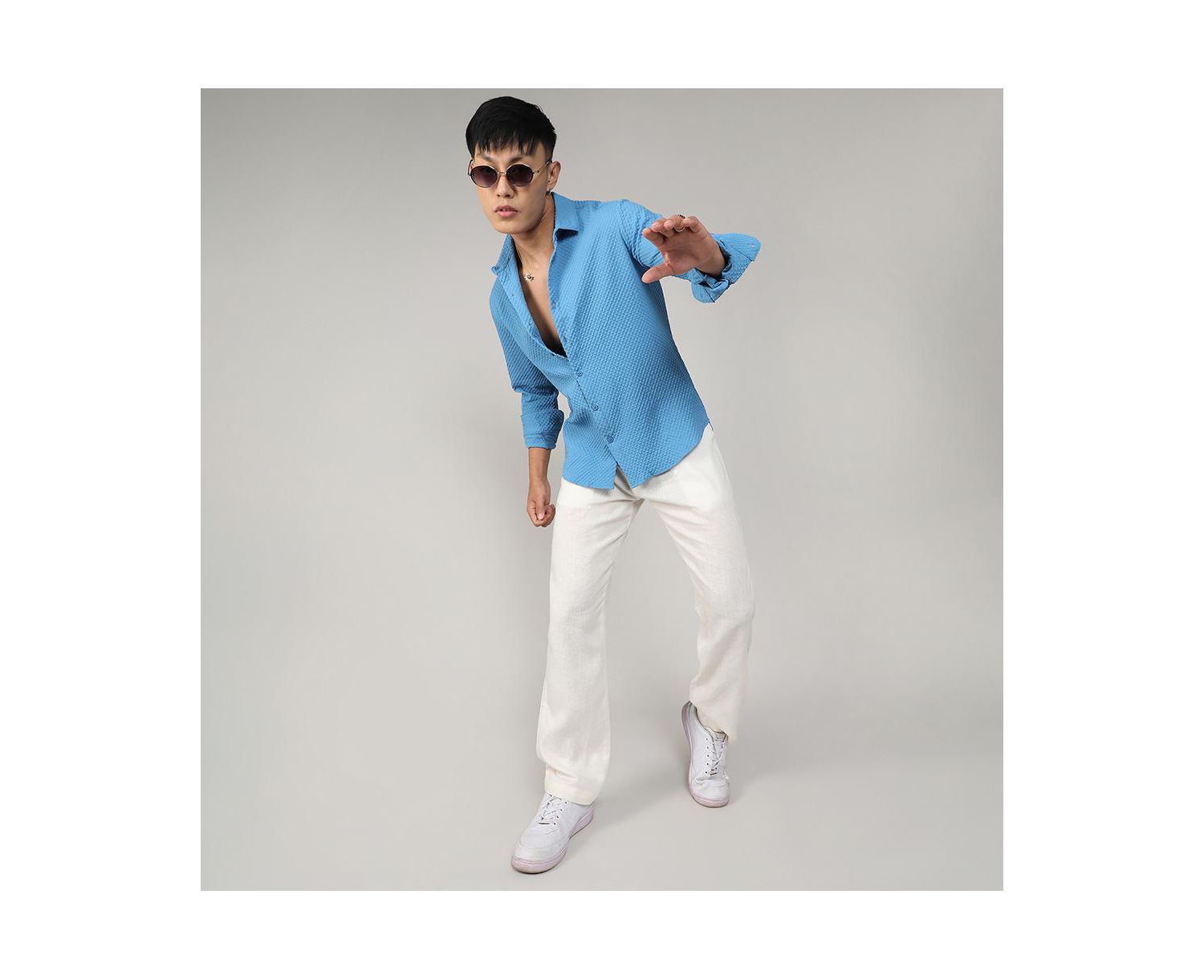 Men's Sky Blue Textured Micro Buffalo Check Shirt
