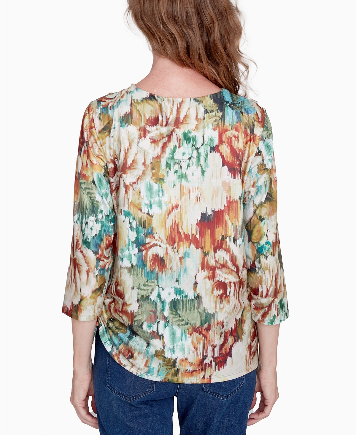 Alfred Dunner Petite Classics Earth Floral Crew Neck Top In Multi