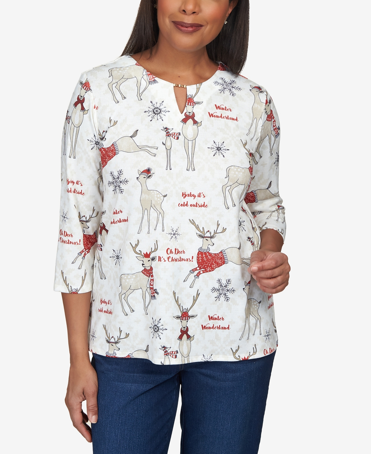 Petite Classic Deer Split Neck Top - Multi Neutral