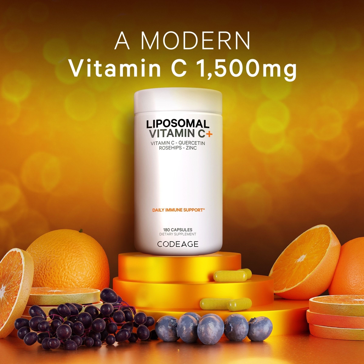Codeage Liposomal Vitamin C 1500mg with Zinc, Elderberry, Citrus Bioflavonoids Grapefruit, Lemon, Orange Powder, Quercetin & Rose Hips Fruit Supplemen