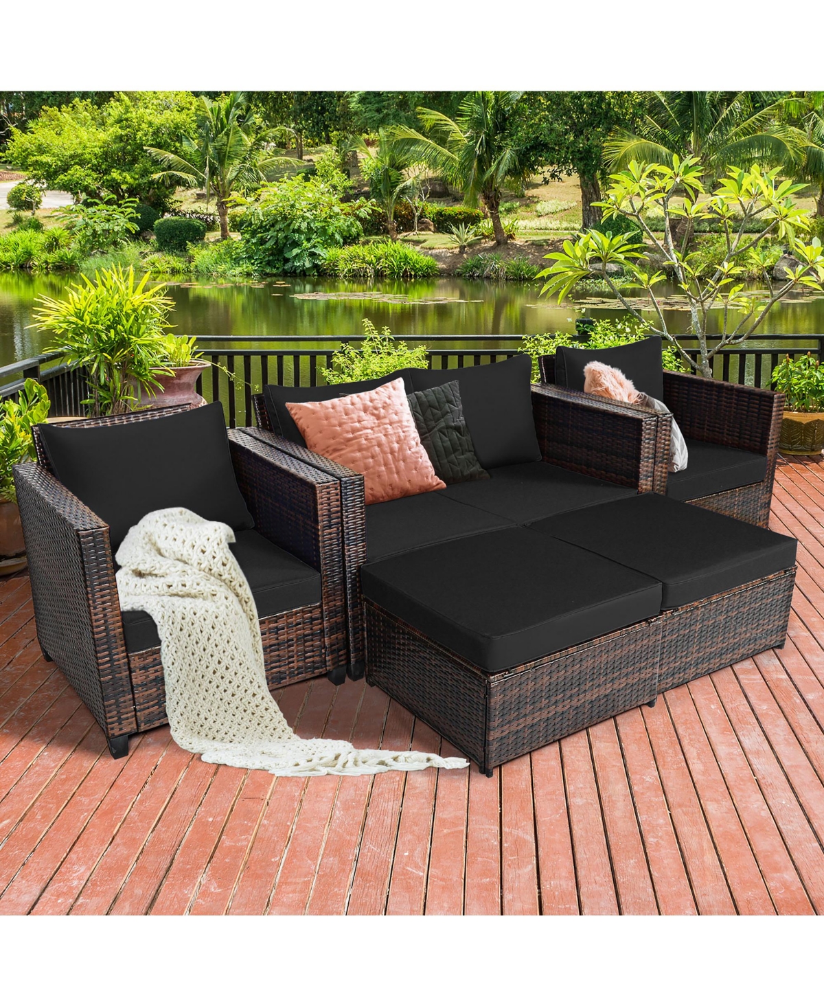 Costway 5PCS Patio Rattan Furniture Set Loveseat Sofa Ottoman Cushioned