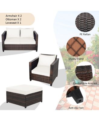 5PCS Patio Rattan Furniture Set Loveseat Sofa Ottoman Cushioned