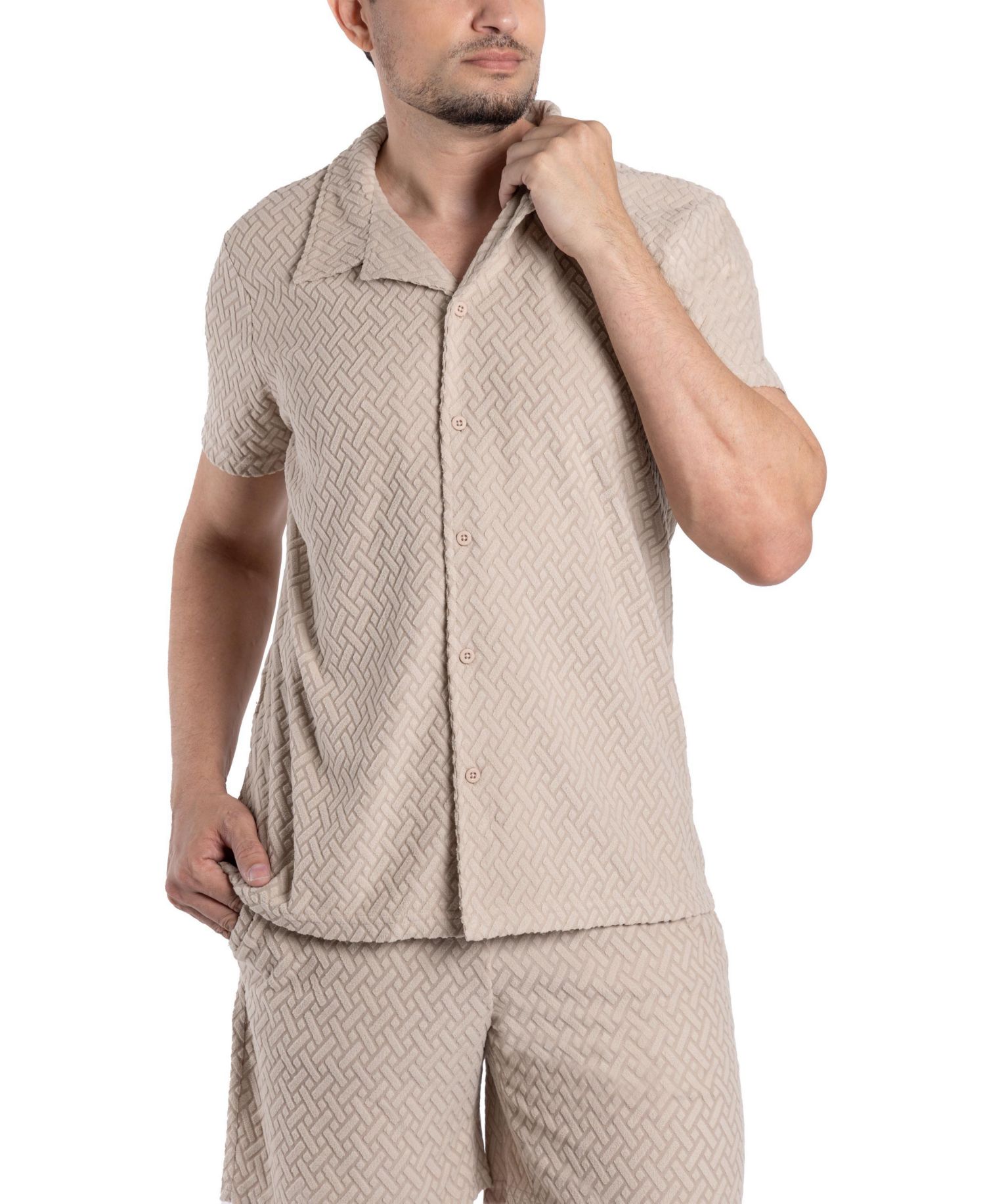 Men's Casual Textured Camp Collar Short Sleeve Button-Up Shirt