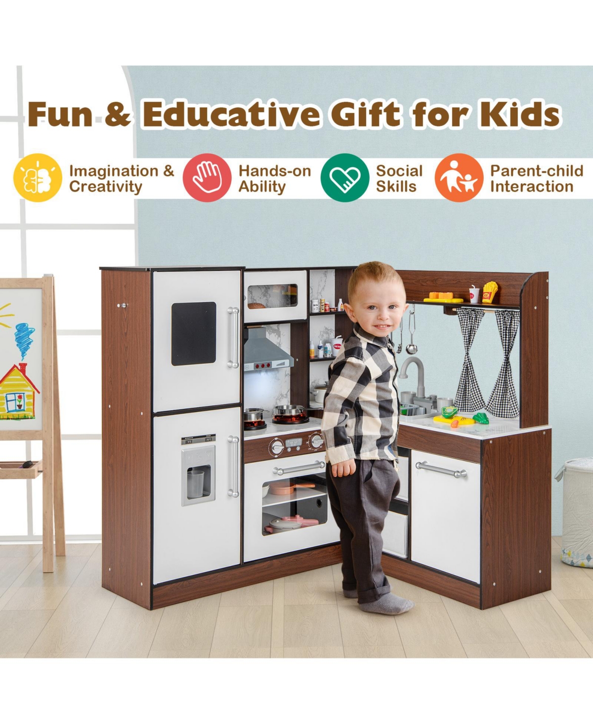 Skonyon Wooden Corner Play Kitchen with Water Circulation System and Lights- Brown