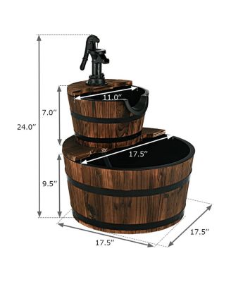 2-Tiers Outdoor Wooden Barrel Waterfall Fountain with Pump