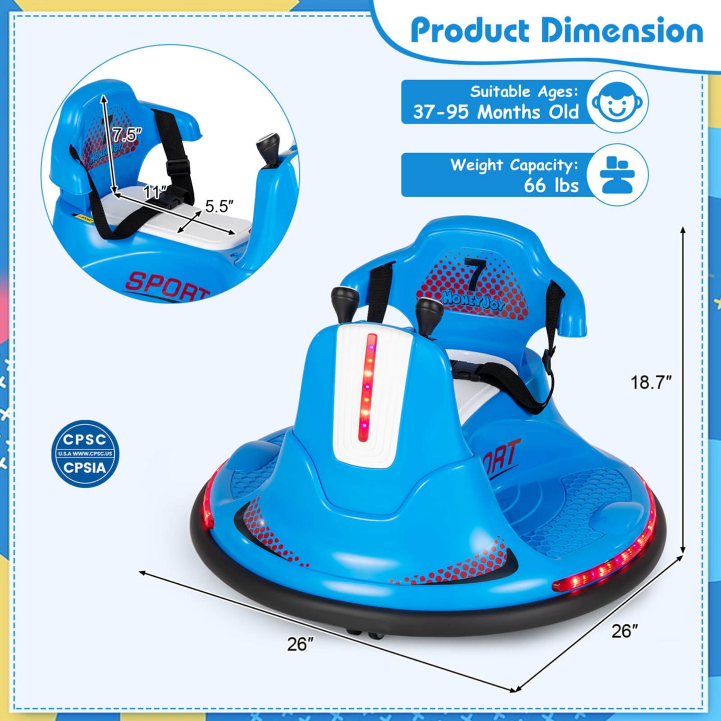 Детская игрушка Costway Electric Remote Control Bumper Car, 26" x 26" x 18.7", 66 lbs. Capacity, Ages 3-7, цвет: Синий — фото 9