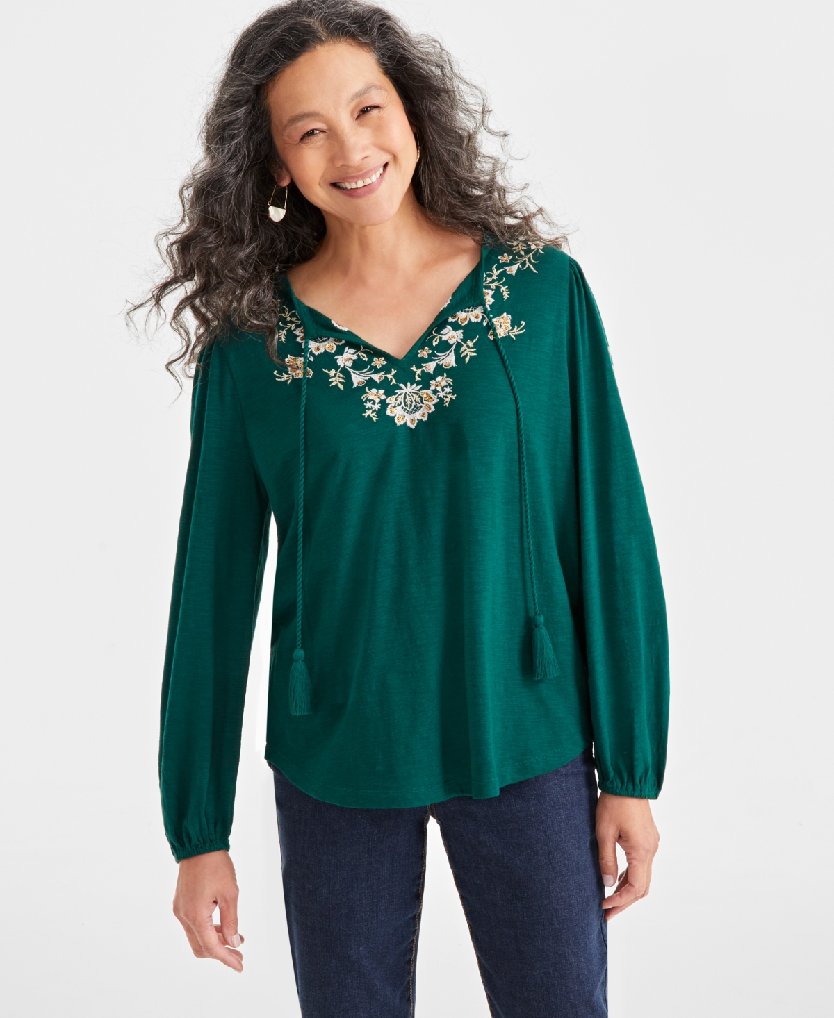 Style & Co Women's Shine Embroidered Long-Sleeve Blouse, Created for Macy's