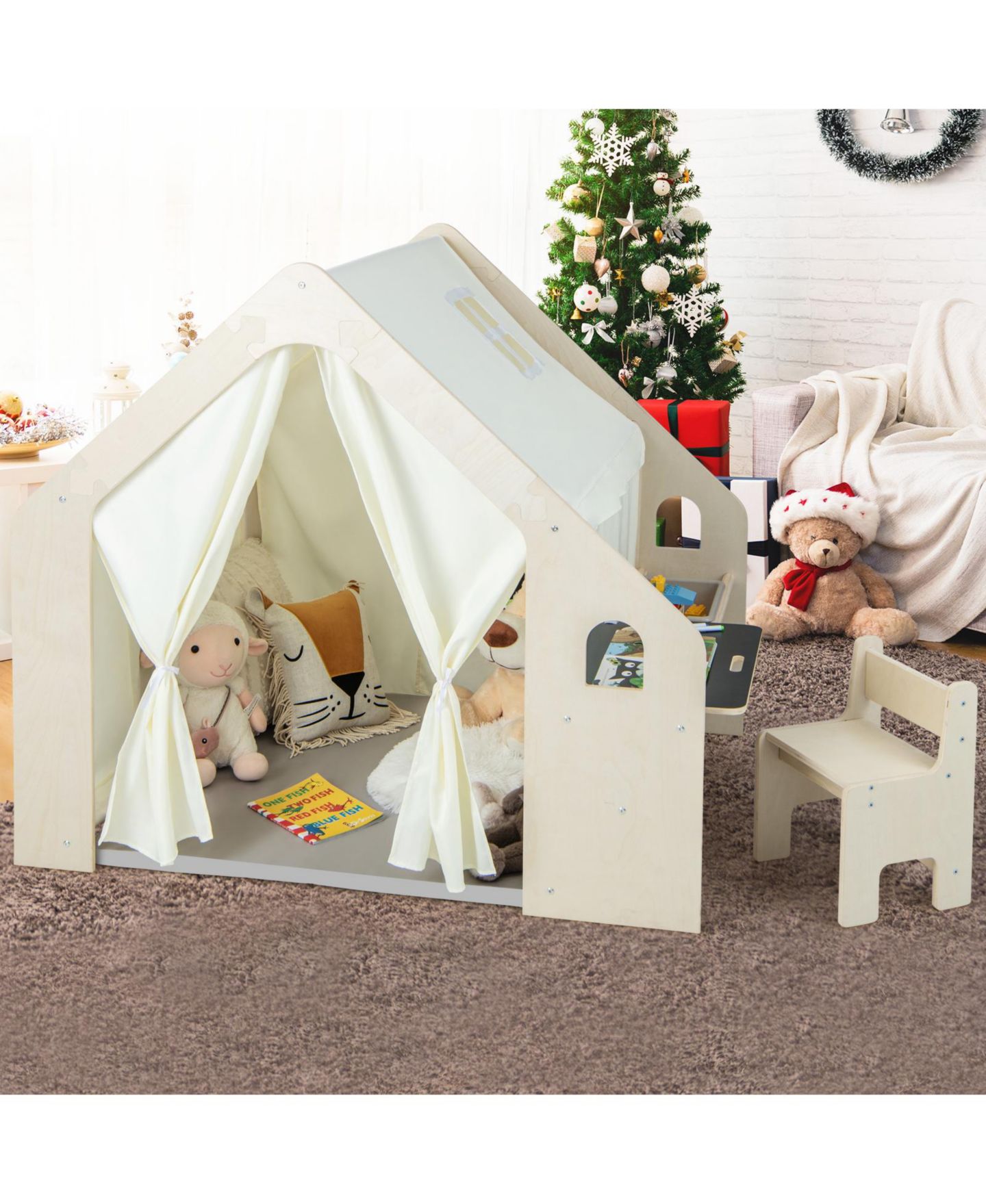 Детская игрушка SKONYON Montessori-Style Indoor Playhouse with Chalkboard, Ages 2+, цвет: Бежевый / Хаки — фото 5