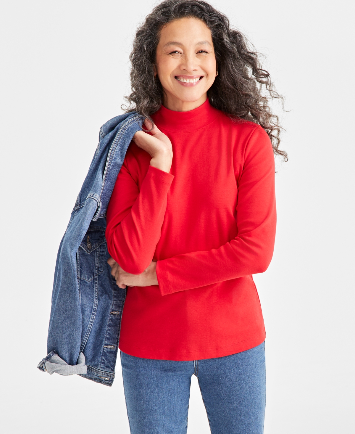 Style & Co Petite Mock-neck Cotton Long-sleeve T-shirt, Created For Macy's In Tango Red