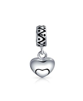 Swirl Detail Double Heart Shape Dangle Charm Bead Oxidized Sterling Silver Fits European Bracelet