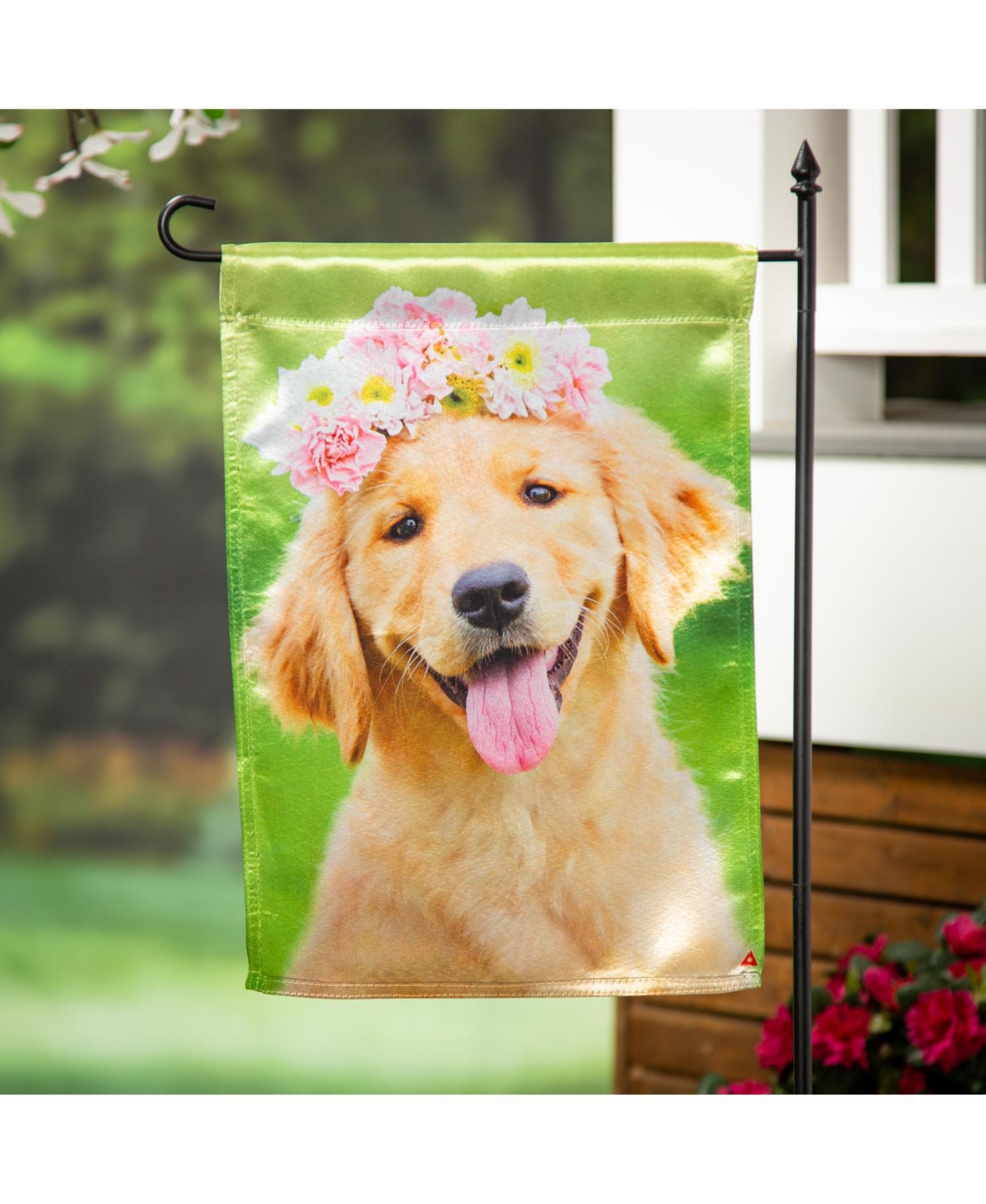 Evergreen Garden Flag Golden Lab with Flower Crown Lustre Double Sided Indoor Outdoor Decor 18" x 12.5"