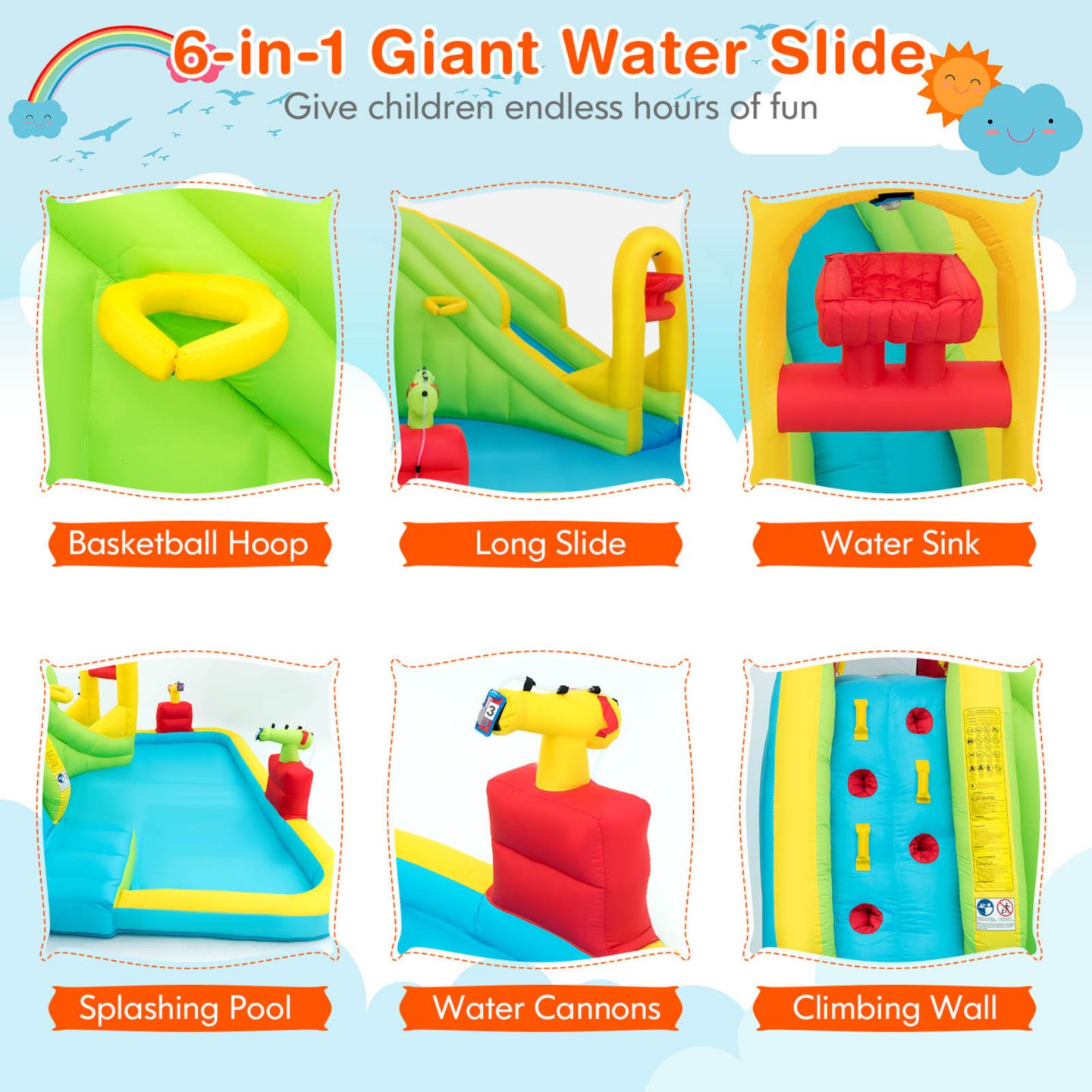Детская игрушка Costway Inflatable Water Slide Oxford Cloth Bounce House with Splash Pool, Climbing Wall & Basketball Rim, Ages 3-10, цвет: Синий — фото 4