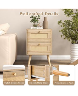 Rattan Nightstand Boho Accent Bedside Table with 2 Storage Drawers