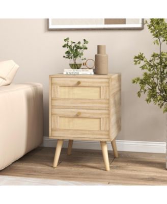 Rattan Nightstand Boho Accent Bedside Table with 2 Storage Drawers