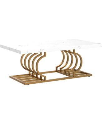 47-Inch Faux Marble Coffee Table with Geometric Frame, Rectangular Center Table for Living Room