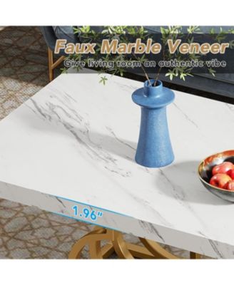 47-Inch Faux Marble Coffee Table with Geometric Frame, Rectangular Center Table for Living Room