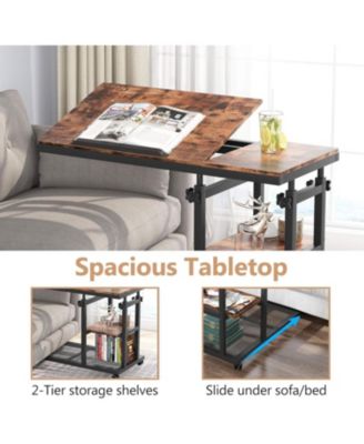 Adjustable C Table with Wheels, Tiltable Laptop Stand & TV Tray with Shelves for Sofa, Bedside, or Couch