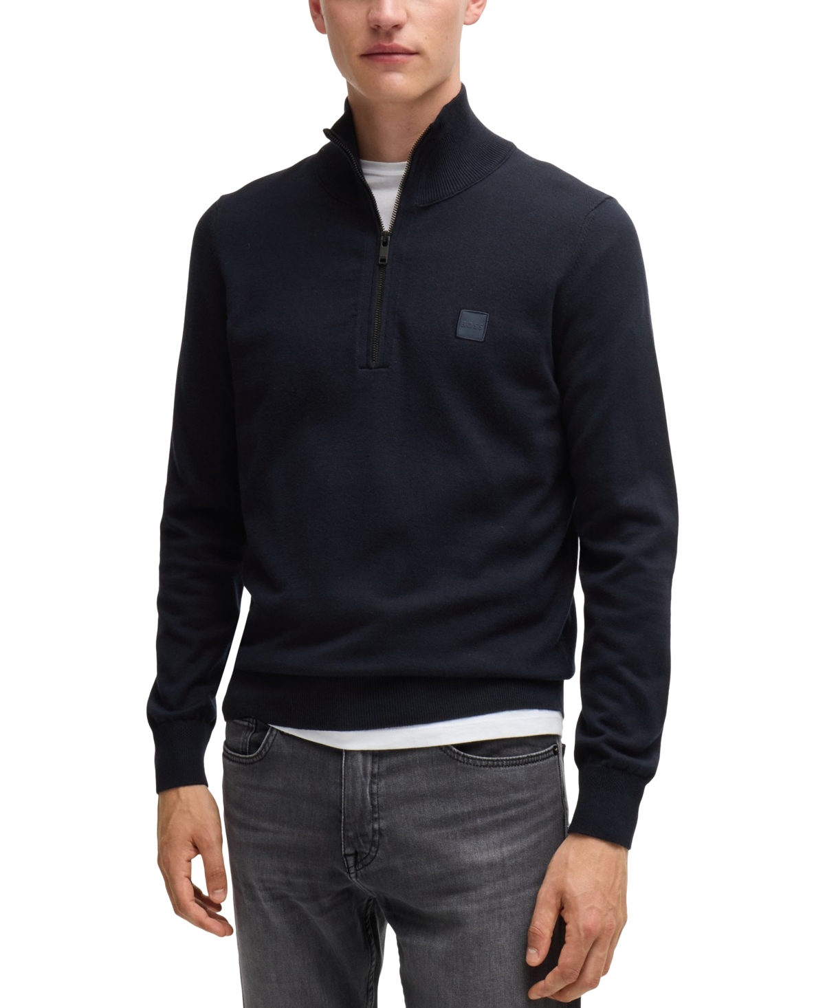 Boss by Hugo Boss Men's Logo-Patch Zip-Neck Sweater - Dark Blue