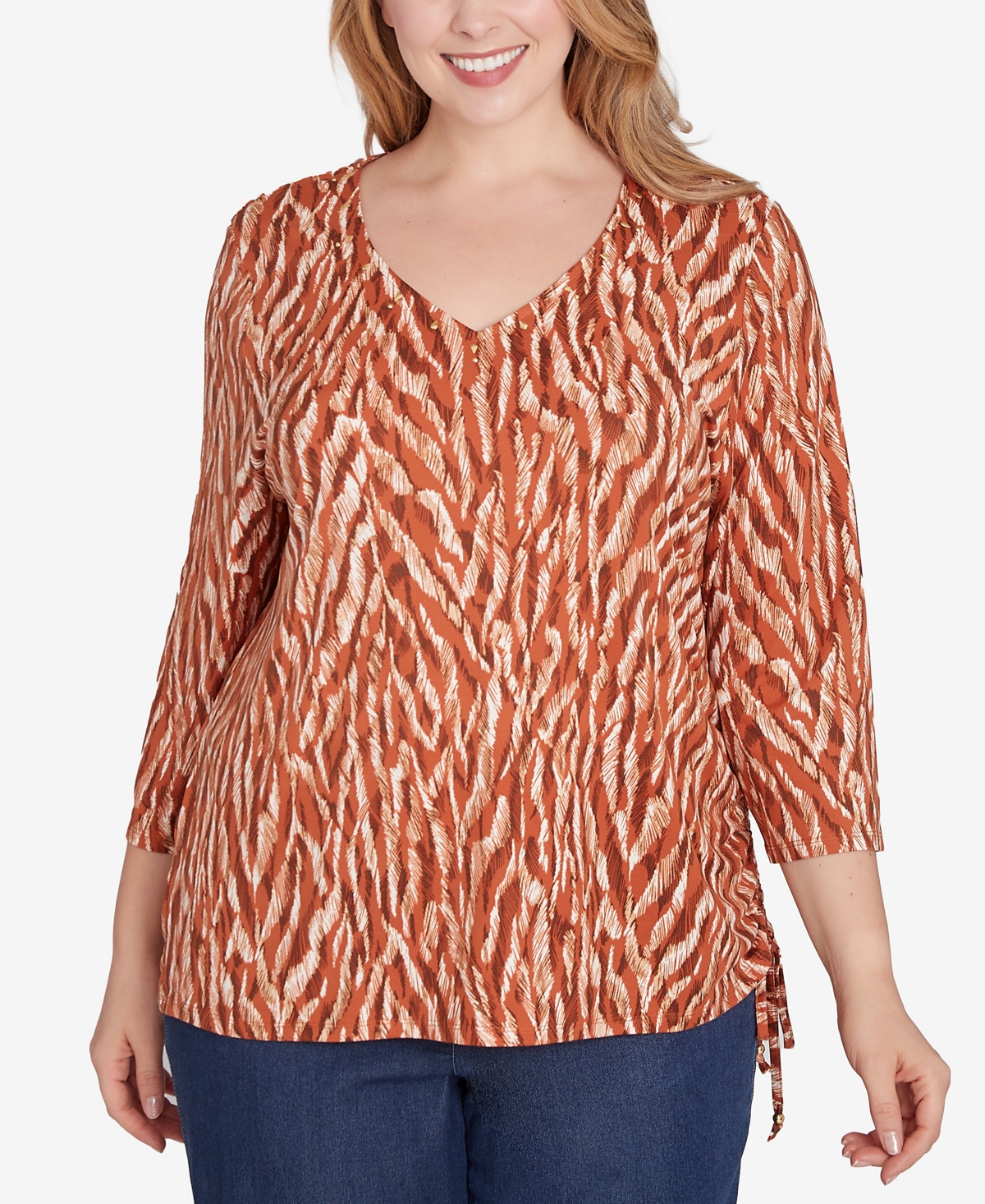 Plus Size Spice It Up Printed 3/4 Sleeve Top - Nutmeg Multi