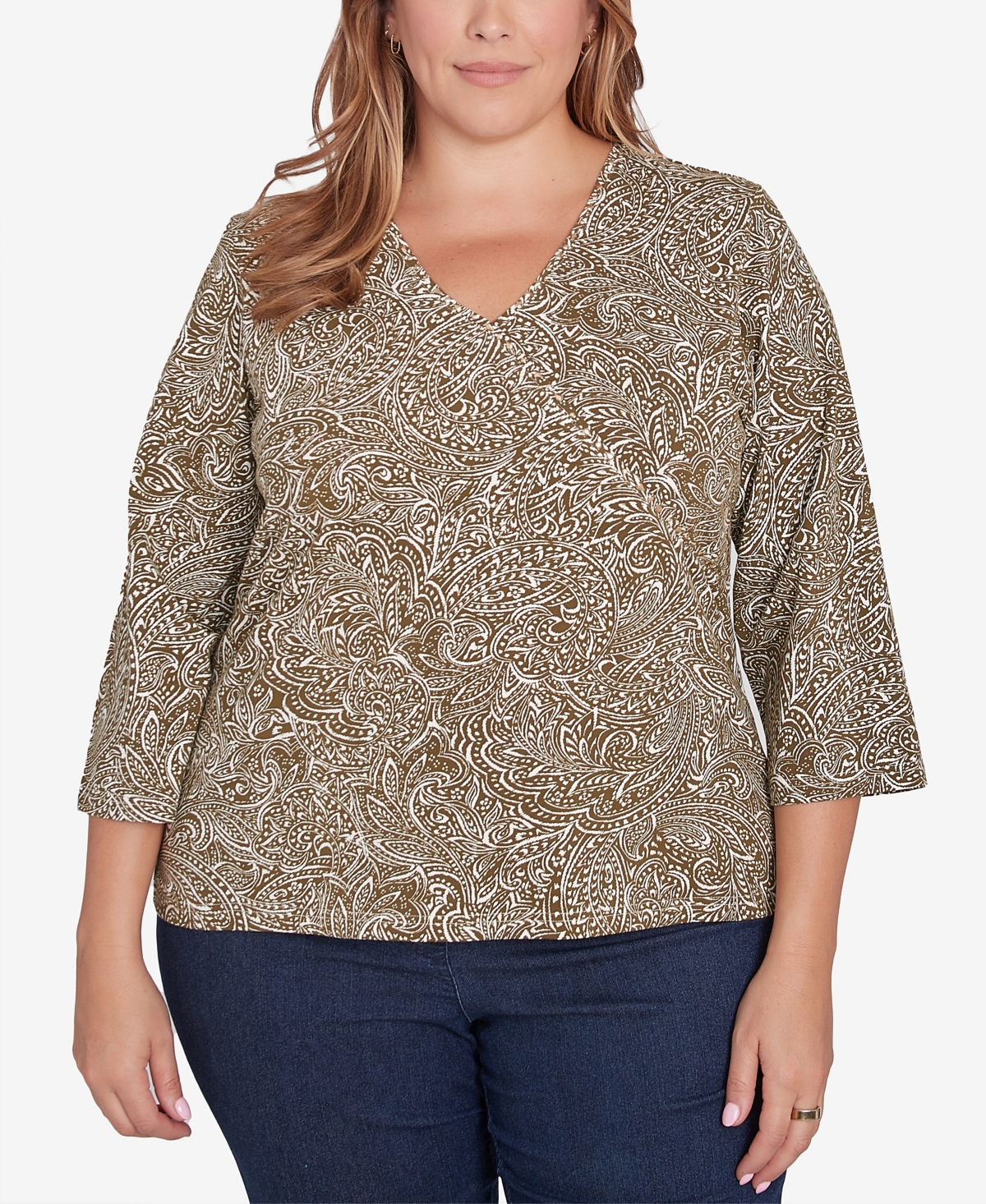 Plus Size Spice It Up Printed 3/4 Sleeve Top - Olive Multi