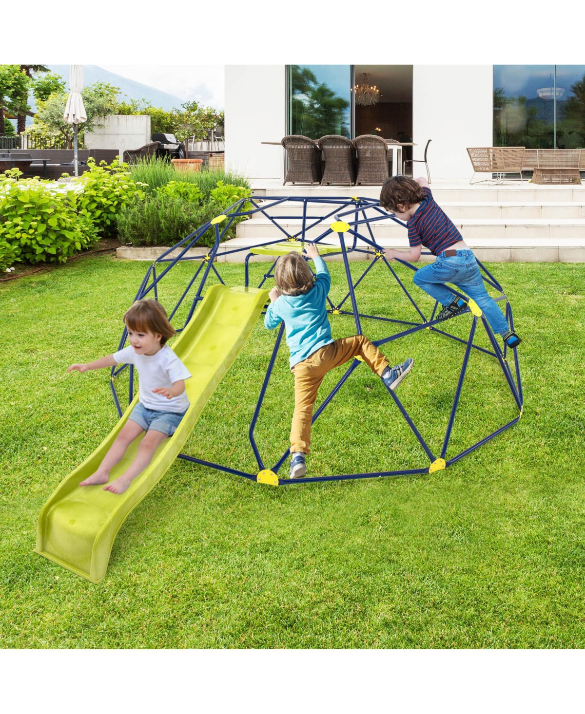 Skonyon 13.3 Ft Climbing Dome Geometric Dome Climber with Extended Wavy Slide and 2 Rest Platforms-Multicolor