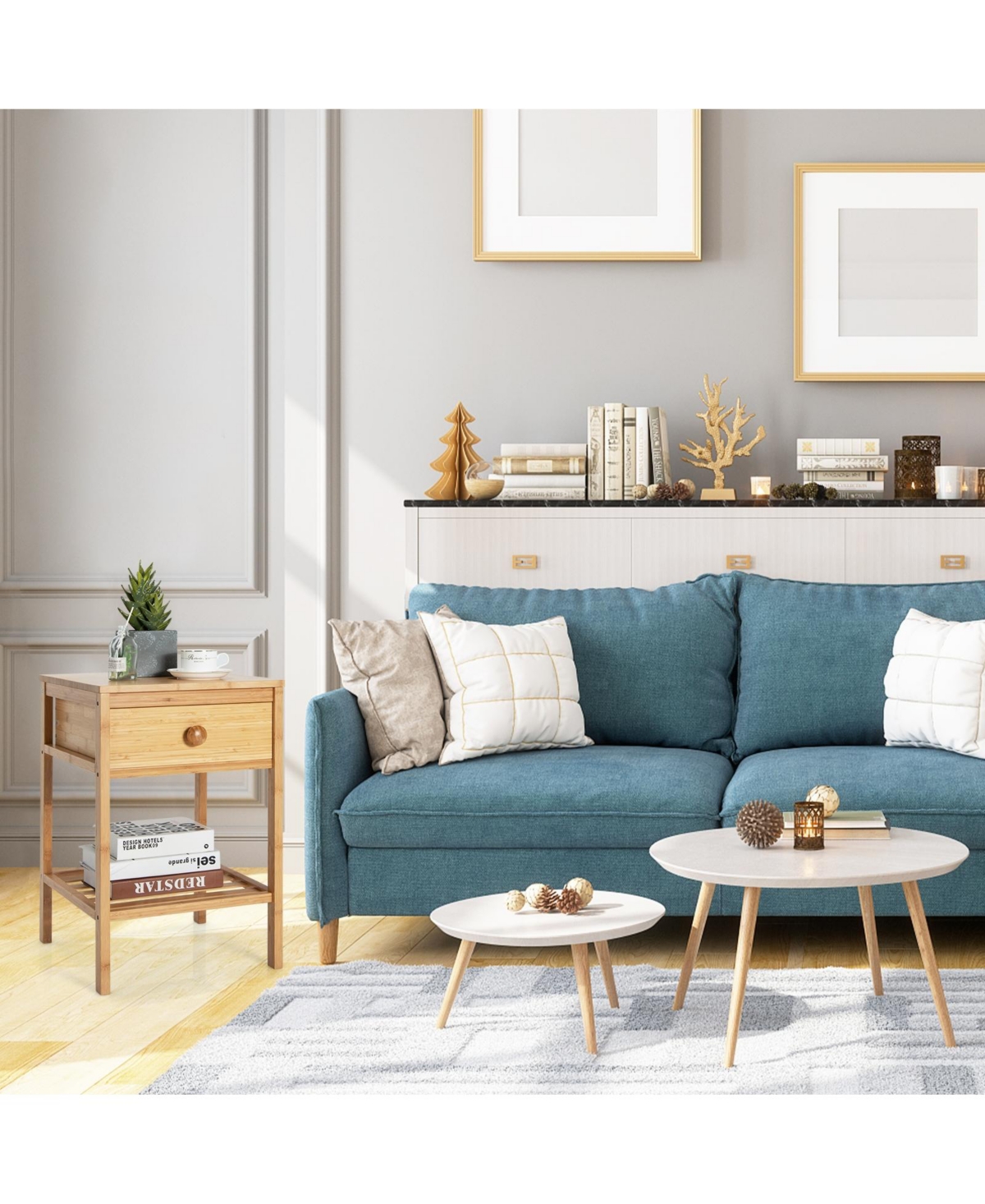 Sugift Bamboo Nightstand with Drawer and Open Shelf