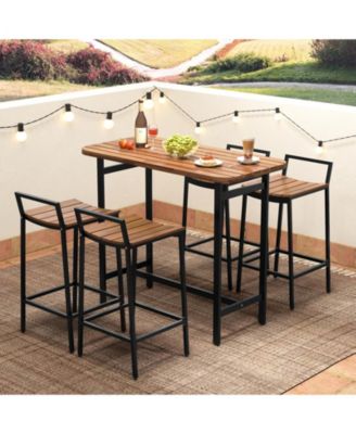 5 Piece Acacia Wood Bar Table Set Bar Height Table and Chairs with Metal Frame and Footrest