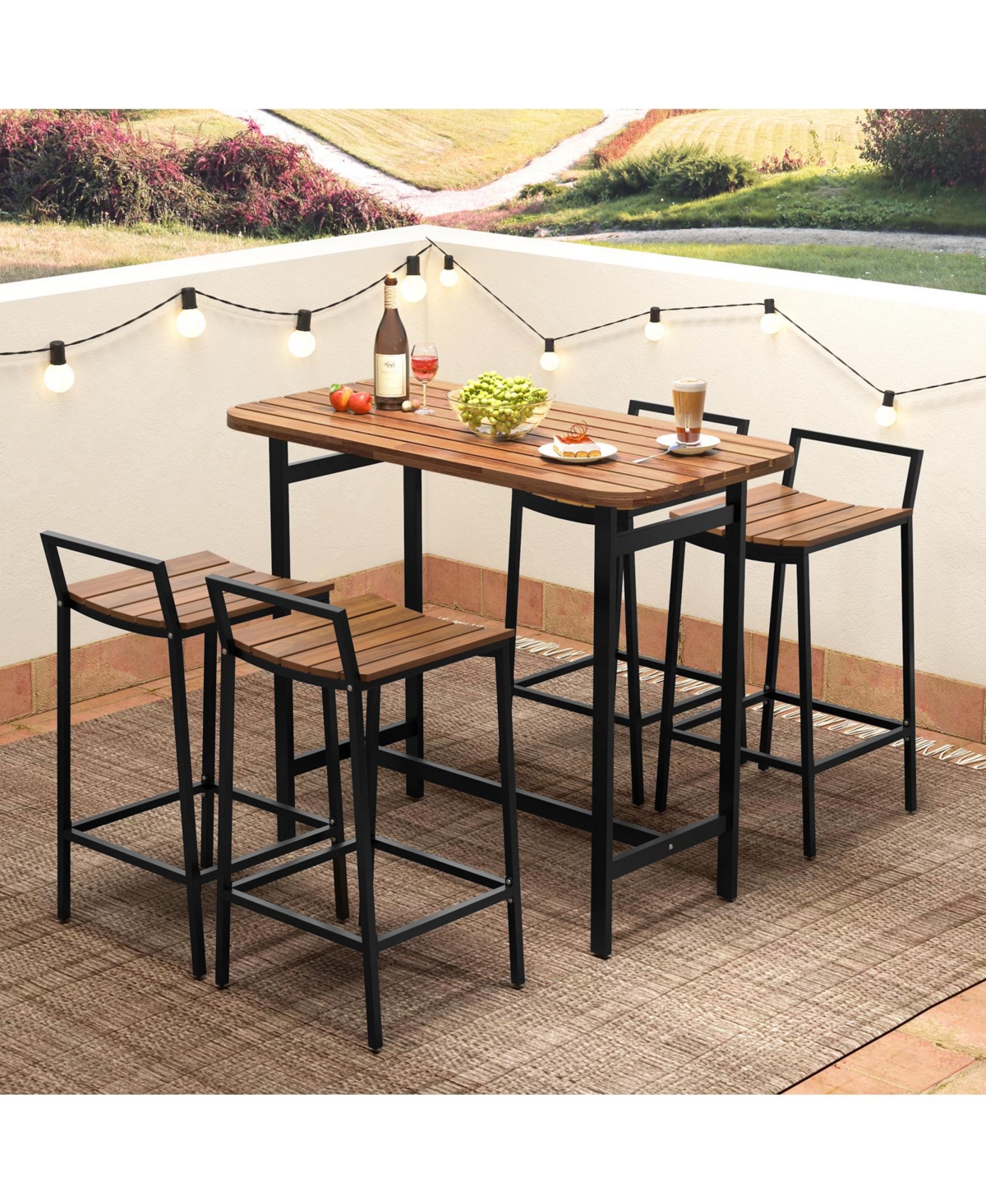 Skonyon 5 Piece Acacia Wood Bar Table Set Bar Height Table and Chairs with Metal Frame and Footrest