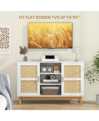 48 Inch Sideboard Buffet Cabinet Floor Storage Cabinet with 2 Bamboo Woven Doors-White