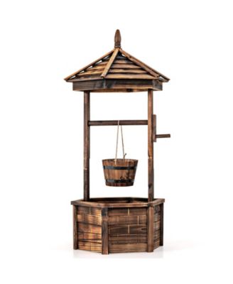 Rustic Wooden Wishing Well with Adjustable Hanging Bucket-Brown