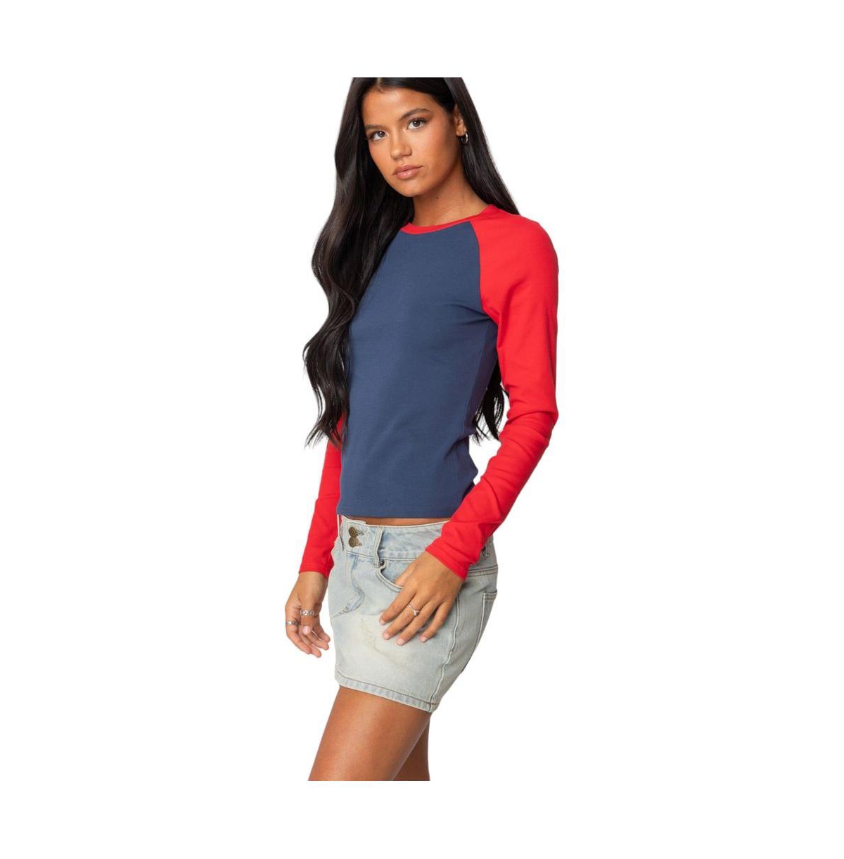 Edikted Women's Tommi Raglan Long Sleeve T Shirt - Navy-and-red