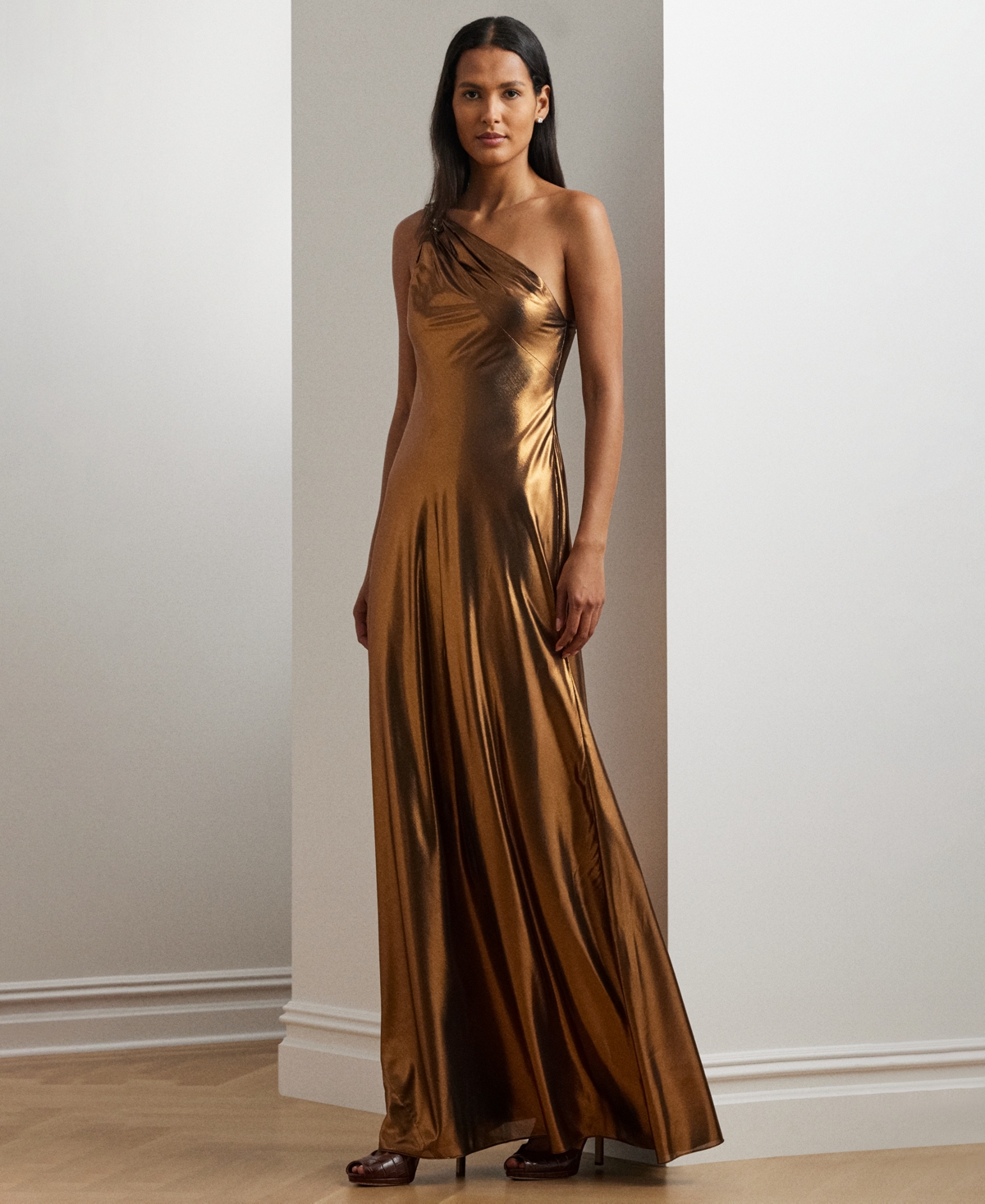 Ralph Lauren Women's One-shoulder Metallic Chiffon Gown In Cpfoil Blk