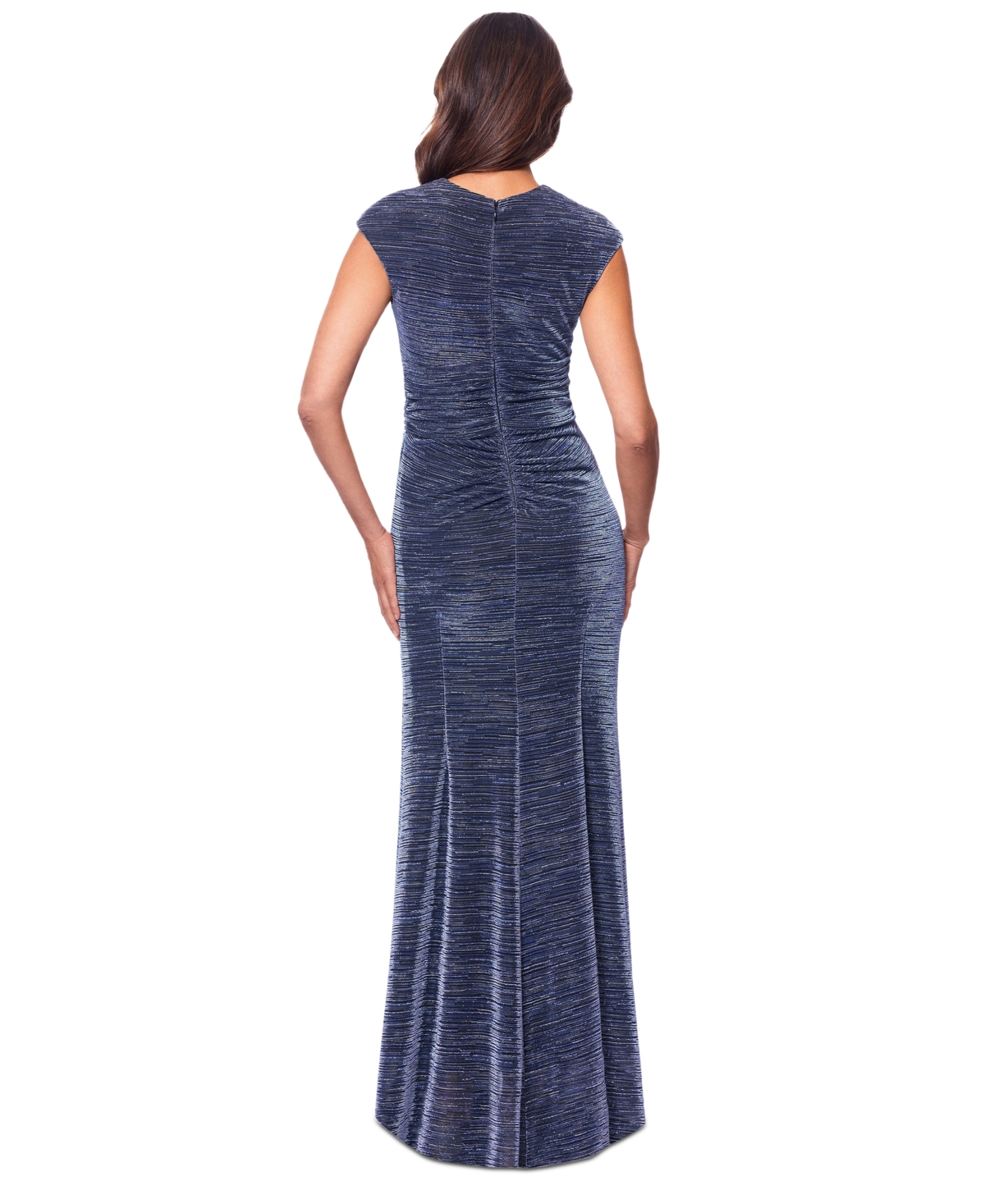 Betsy & Adam Petite Draped V-Neck Metallic Gown -Silver