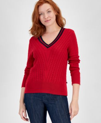 Tommy Hilfiger - Women's Contrast Stripe V-Neck Cable Knit Sweater