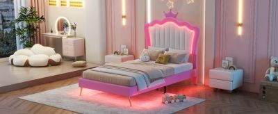 Upholstered Princess Bed with LED Crown Headboard