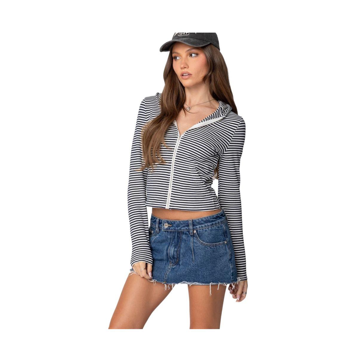 Edikted Women's Madison Striped Zip Up Hoodie - Navy-and-white