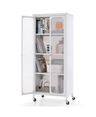 Glass Doors Storage Cabinet with Wheels and Adjustable Shelves