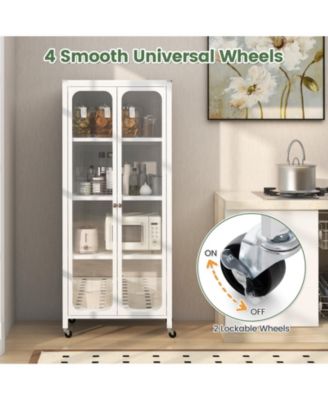 Glass Doors Storage Cabinet with Wheels and Adjustable Shelves