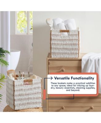 Collapsible Paper Wicker 13 Inch Square Storage Cube Bin Basket - 2 Pack