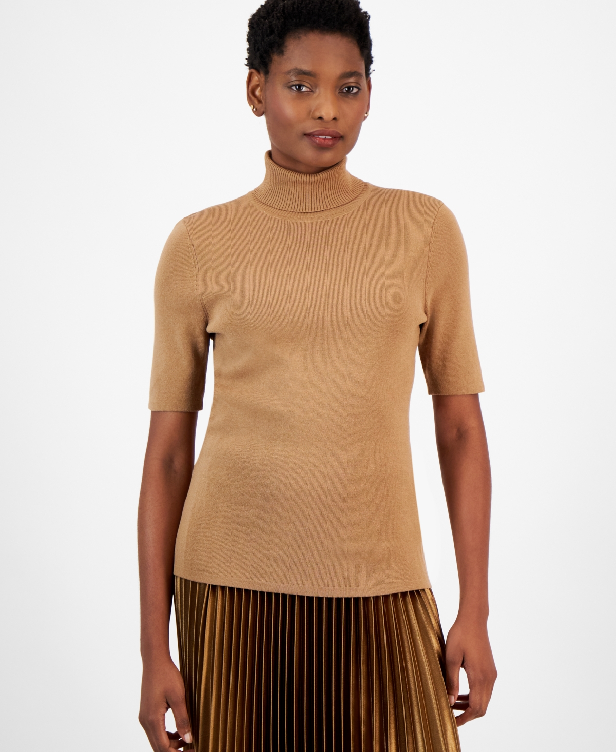 Anne Klein Turtleneck Short Sleeve Rib Sweater In Vicuna