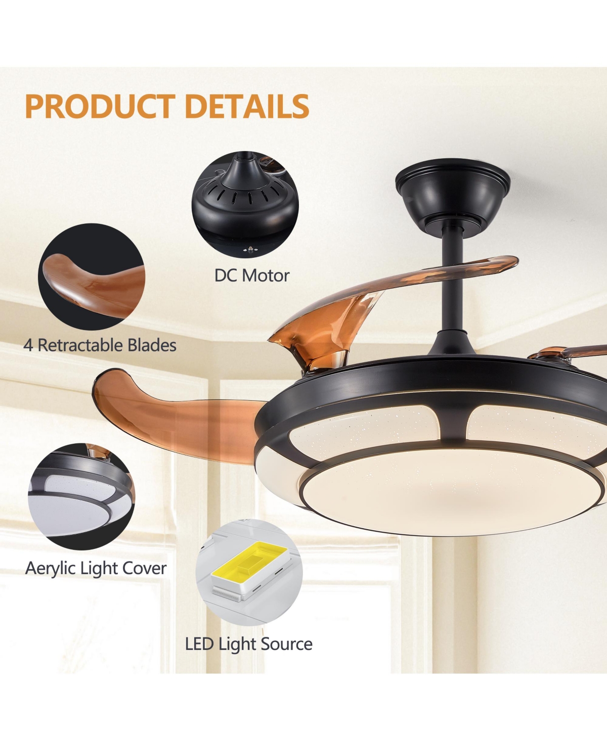 Streamdale Modern Minimalist Retractable Ceiling Fan with Led Light