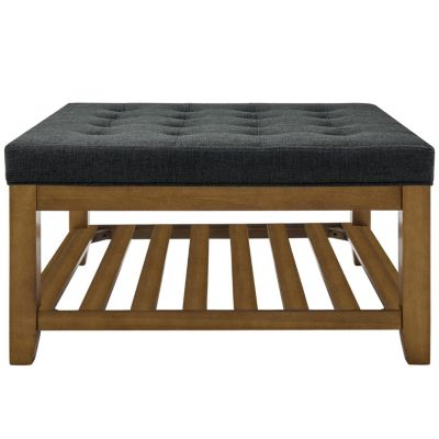 Streamdale Linen-Tufted Coffee Table Ottoman with Beechwood Shelf and Frame