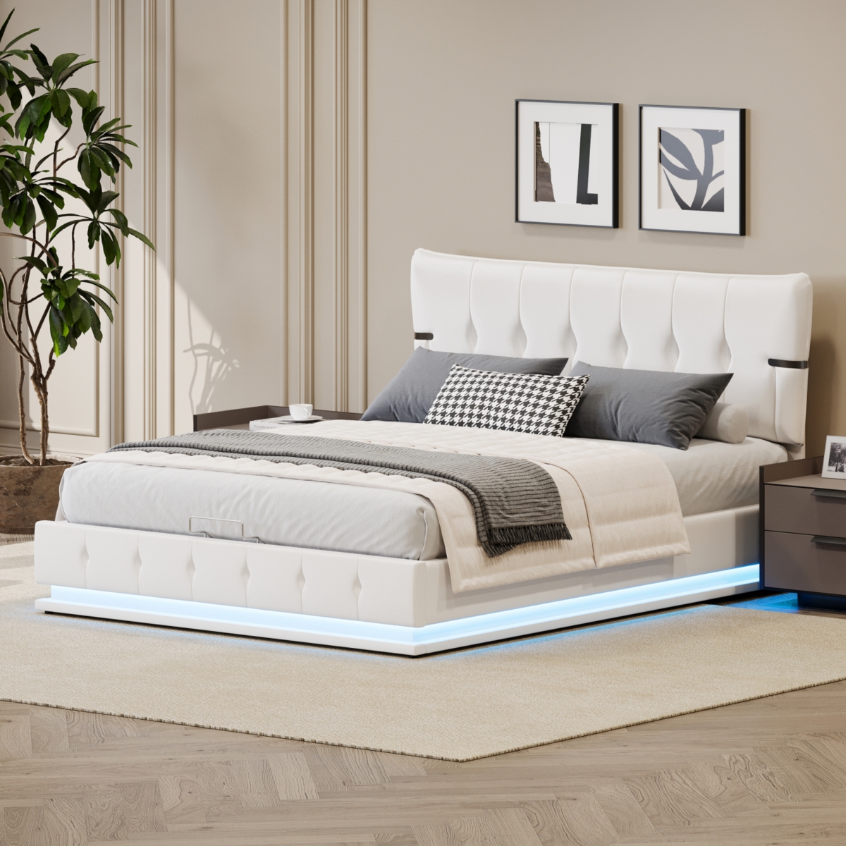 Streamdale Furniture Queen Size Upholstered Hydraulic Storage Bed with Rgb Led Light